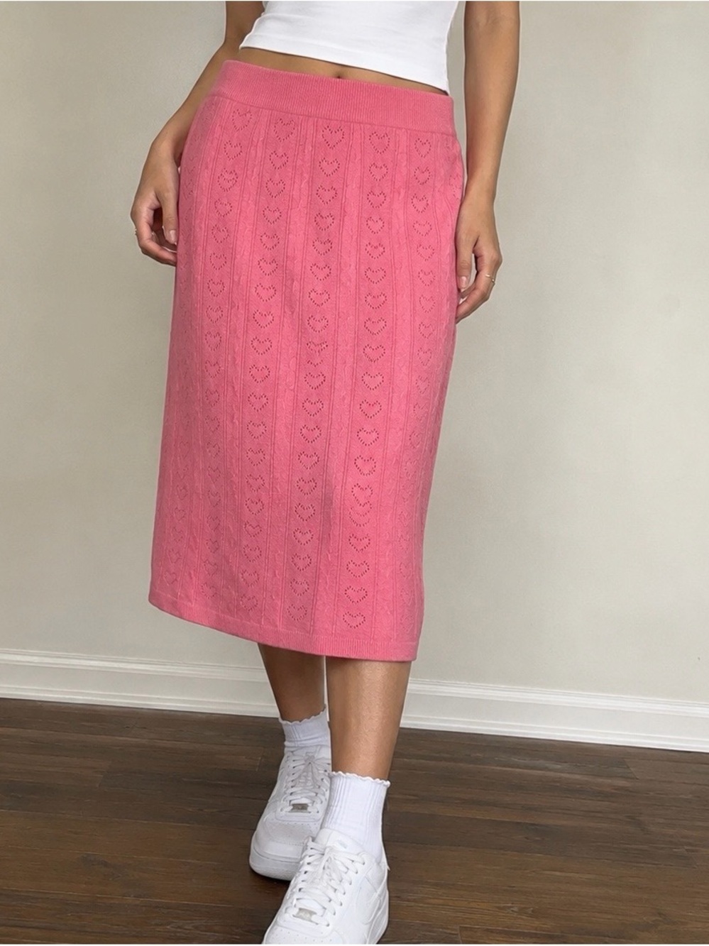 NWT a new day Pink Heart Pointelle Knit Midi Sweater Skirt Women’s Size M